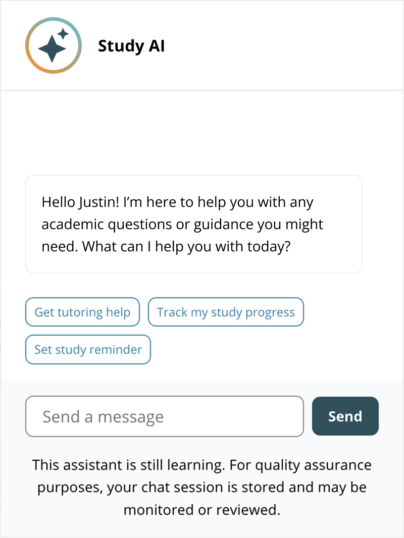 The Study AI panel: its opening message offering help with academic questions, three suggested chat pills beneath, and a message box at the foot.