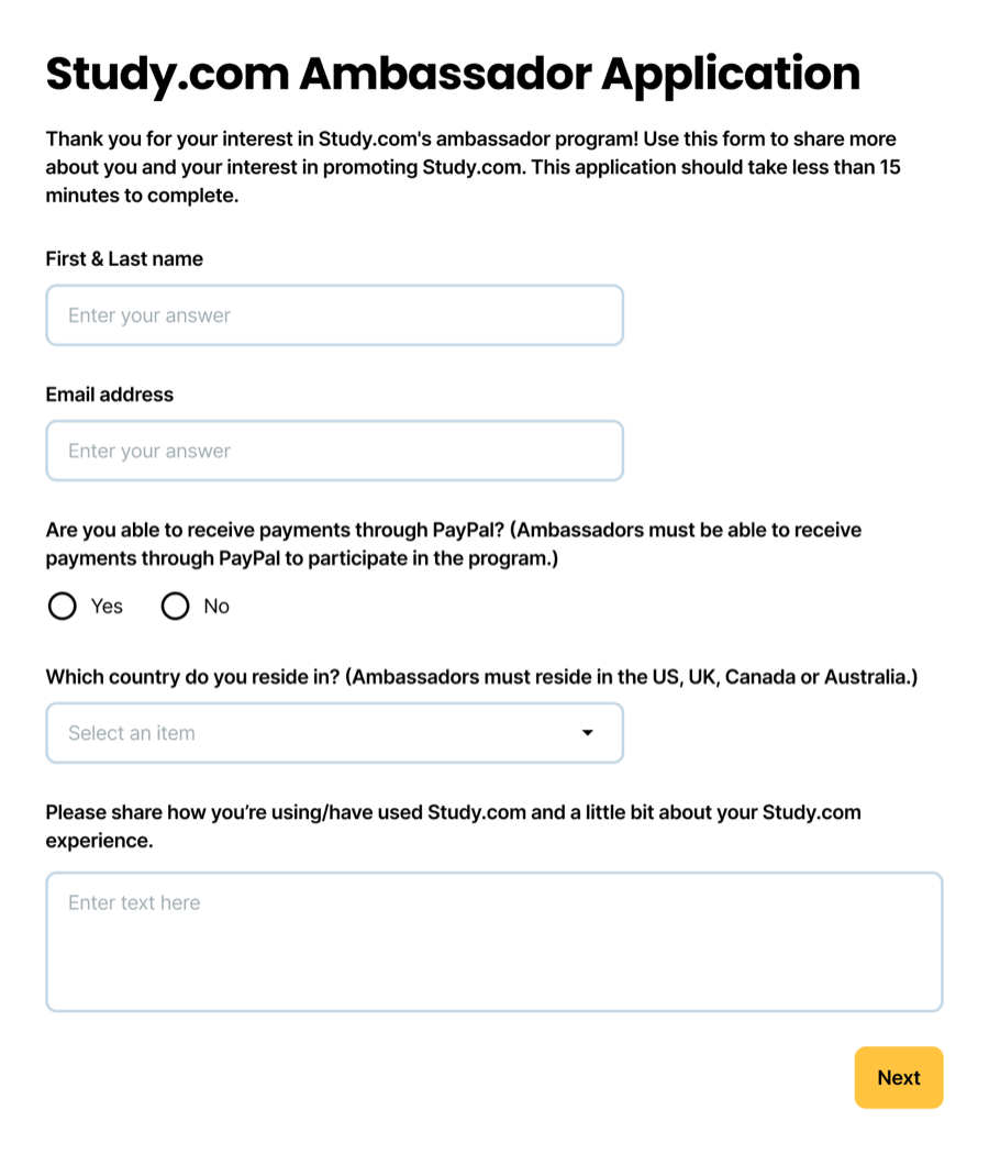 The Study.com Ambassador application on one page: name, email, a PayPal question, a country selector and a free-text question, with a single Next button.