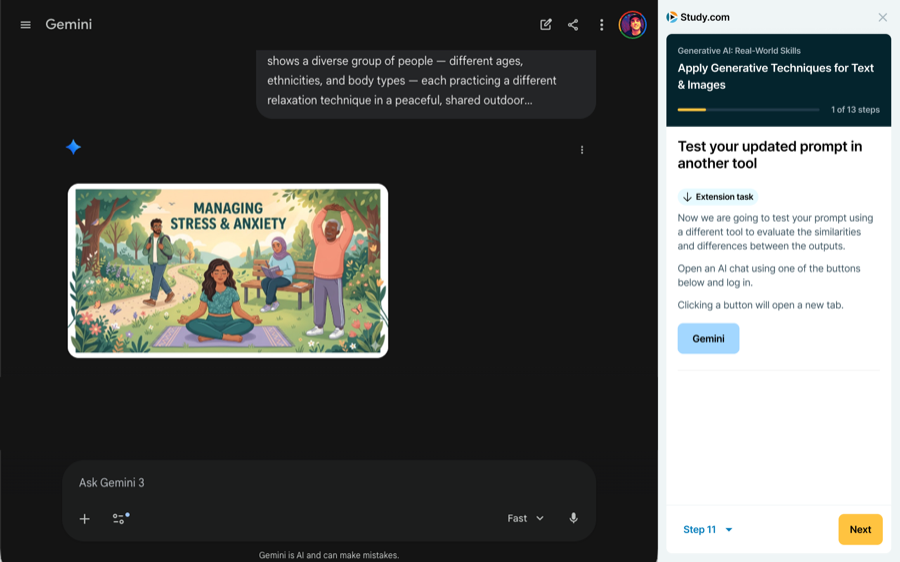 The same task run again in Gemini, with the course panel at step 11 asking the learner to test their updated prompt in another tool.