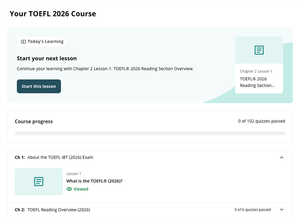 The TOEFL 2026 course page: a prompt to start the next lesson, a course progress bar counting quizzes passed, and the chapter list beneath it.