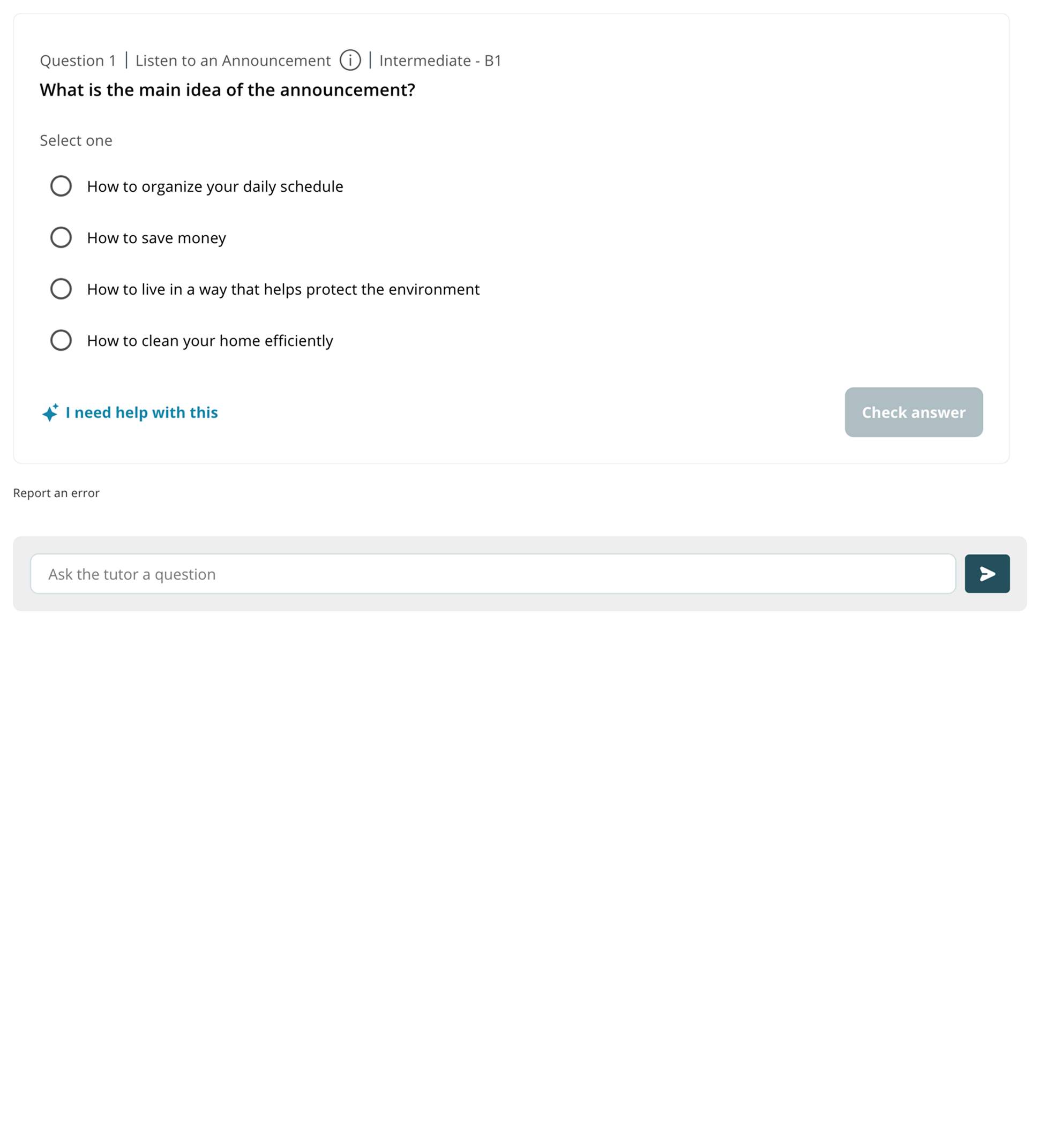 A TOEFL practice question with the AI tutor alongside it.