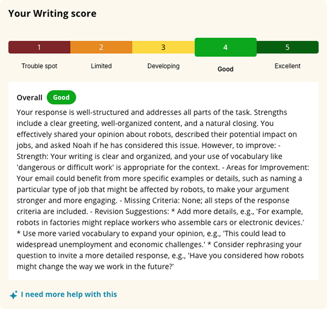 A TOEFL Writing score: a five-band color scale from Trouble spot to Excellent with Good selected, the AI tutor’s written feedback on strengths and revisions beneath it, and a link to ask for more help.